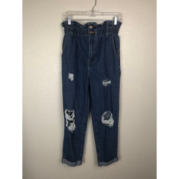Forever 21 Distressed Paperbag Paper Bag Blue High Waisted Jeans Torn - Picture 2 of 10